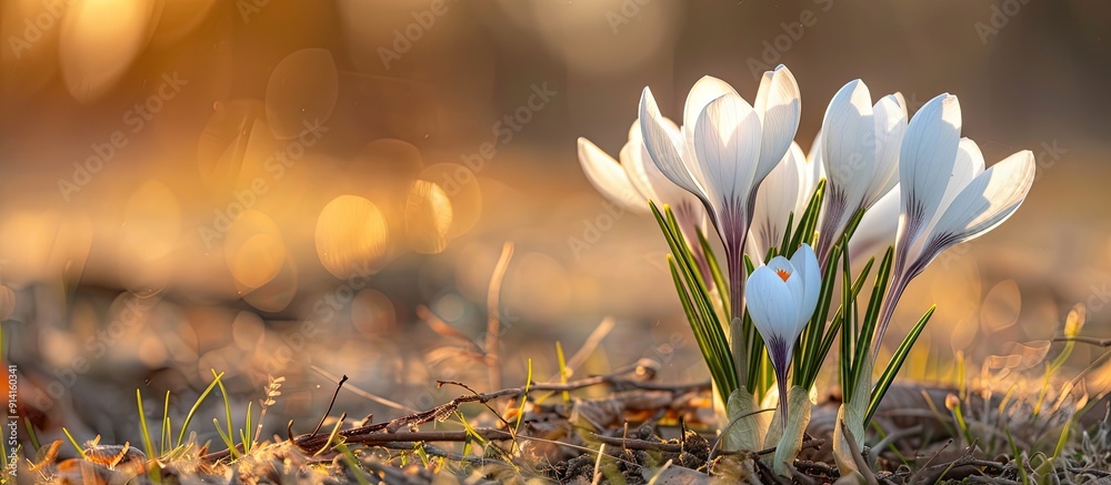 Sticker White crocus blooming beautifully in a photo ready moment for a postcard or floral magazine with ample copy space image