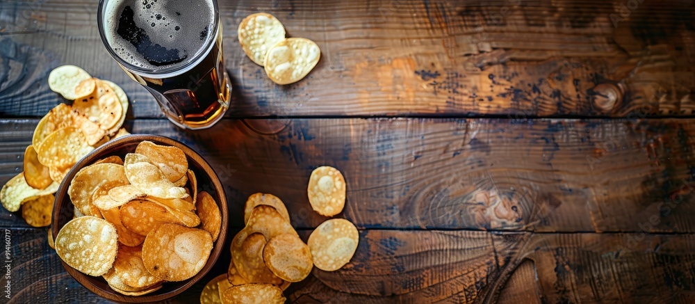 Aufkleber snacks and chips pair with dark beer on a wooden surface creating a cozy ambiance in the copy space 