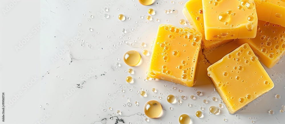 Aufkleber yellow soap displayed with copy space image on a crisp white background