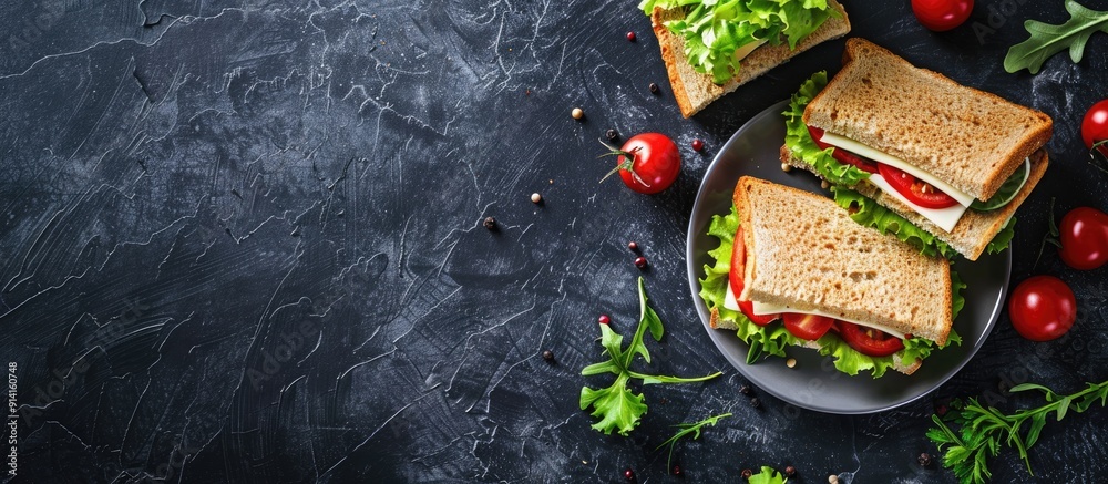 Aufkleber sandwiches prepared at home displayed on a dark background on a white plate with copy space image