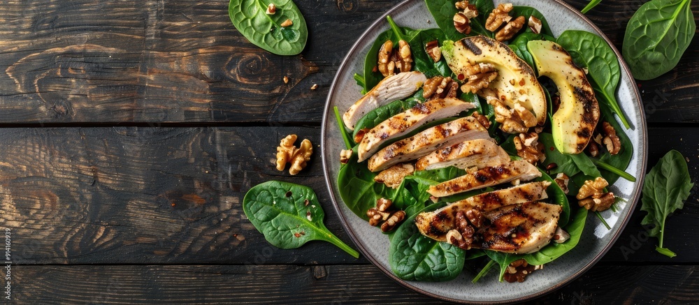 Poster Top view of a spinach salad featuring grilled chicken avocado and walnuts on a plate set against a dark wooden backdrop with room for a copy space image