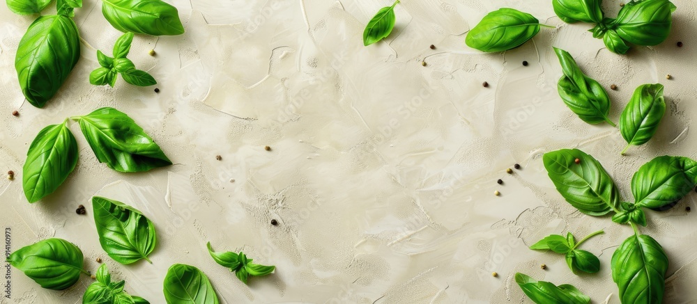 Poster fresh basil leaves arranged on a background with copy space image