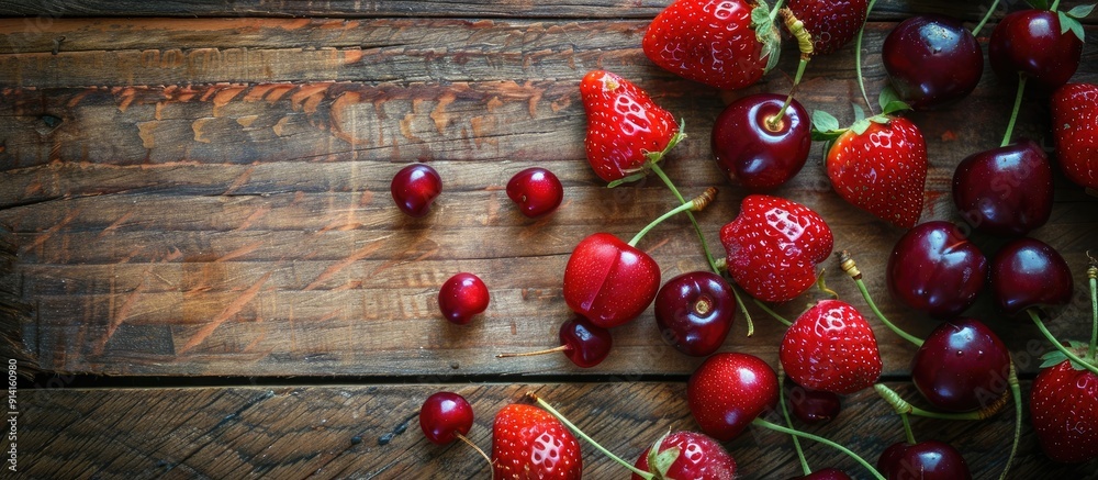 Aufkleber top view flatlay of fresh cherries and strawberries on a wooden surface embodying a summer theme wit