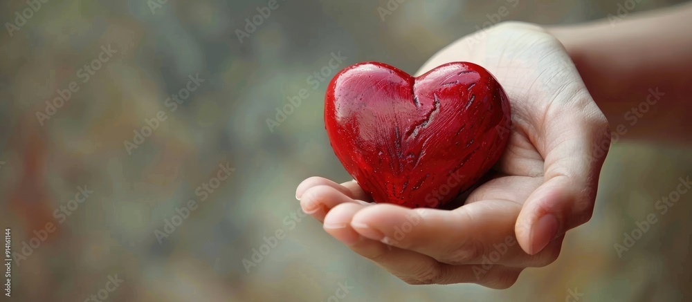 Aufkleber love concept depicted with a heart held in a hand in a copy space image