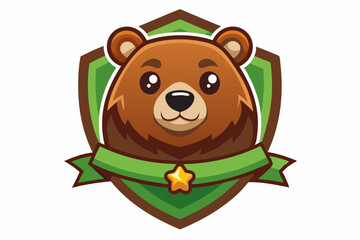 Cartoon Bear Mascot in Green Shield with Star