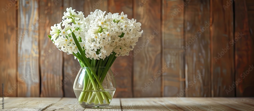 Poster White hyacinths displayed in a transparent vase on a wooden table with a wood background providing substantial copy space image