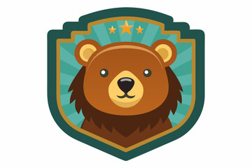 Cartoon Bear Face with Two Stars Inside Shield