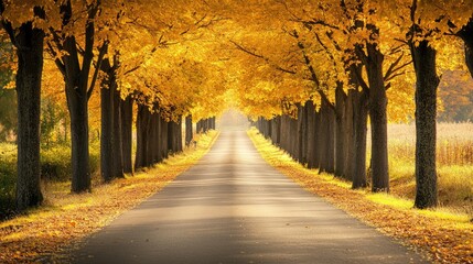 A tree-lined road in autumn with golden leaves and a soft light, providing a tranquil atmosphere and space for text.