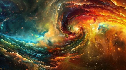 Stunning cosmic abstract with vibrant colors, swirling patterns, and deep space motifs, evoking feelings of wonder and exploration.