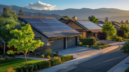 Solar energy arrays in a suburban area, supplying renewable power to homes, Solar Energy Arrays Energy Source, Suburban Green Energy