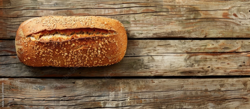 Poster top view of a homemade buckwheat bread loaf on a wooden surface with a blank area for text or images
