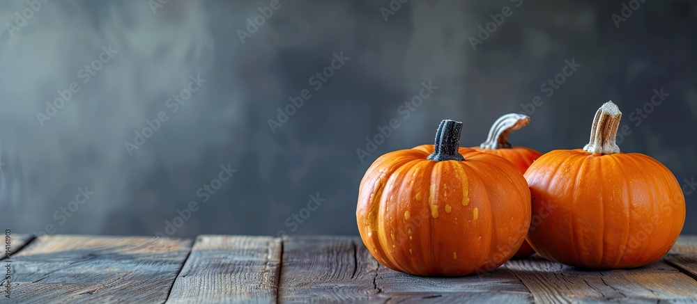 Poster halloween pumpkins on a wooden table with a grey background providing ample copy space for an image