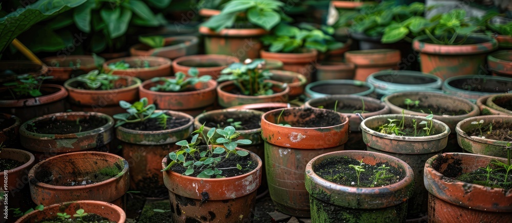 Poster garden filled with sprouting pots surrounded by greenery with ample copy space image