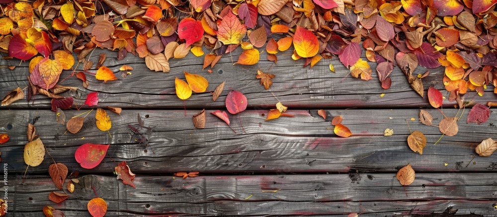 Poster wooden background covered with autumn leaves ideal for a copy space image