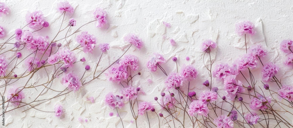 Poster purple fluffy flowers arranged neatly on a white background with a thick carpet creating a flat lay 