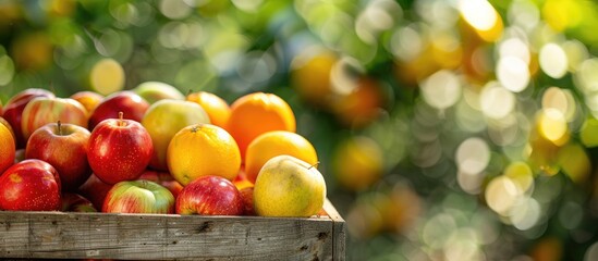 In a wooden box with a blurred green background red fruits rich in lycopene like apples are on the left while yellow fruits high in carotenoids like oranges grace the right side in a vibrant display