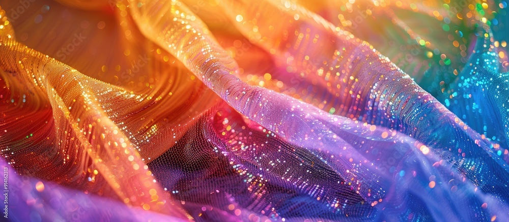 Poster introducing a dazzling fabric with rainbow sparkles on a mesh net for a standout look in any crowd p