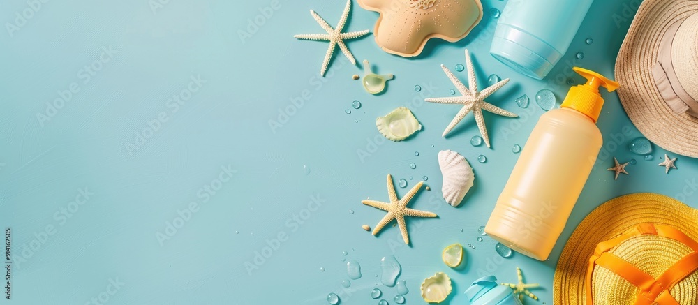 Poster Top view of sunblock bottles and beach gear on a light blue backdrop with room for text features a copy space image