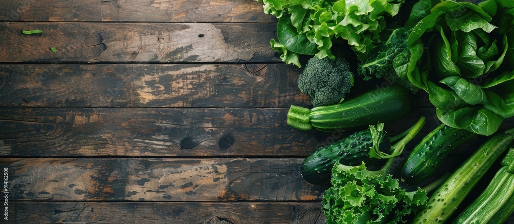 Poster top down view of a wooden table featuring fresh green vegetables ideal for a copy space image