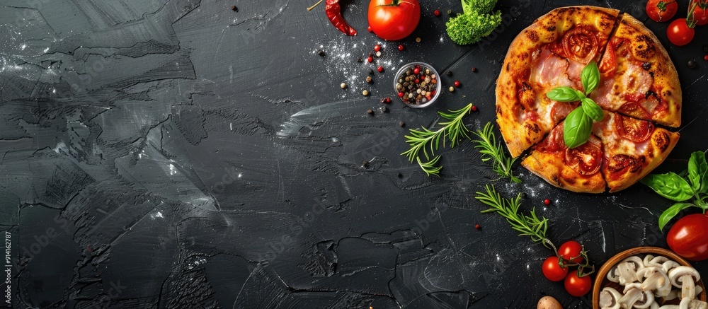 Poster Overhead view of a black desk or chalkboard with enough space for text or images suitable as a food themed background. Creative banner. Copyspace image