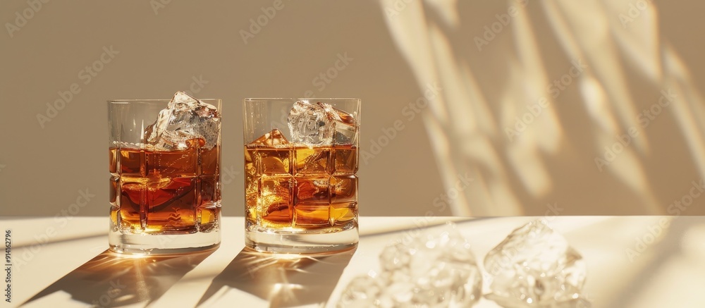 Aufkleber modern glasses containing whiskey served with ice displayed in a copy space image