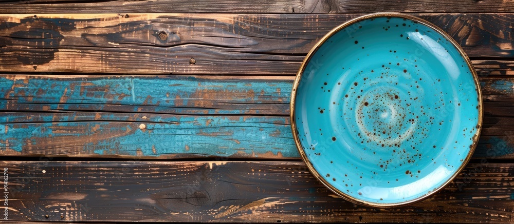 Aufkleber wooden background with an empty blue plate ideal for a copy space image
