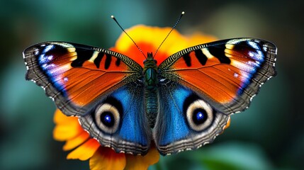 Close-up of a colorful peacock butterfly resting on a bright marigold flower, showcasing its detailed and vivid wing patterns.