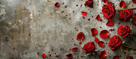 Valentine themed artwork featuring beautiful roses and scattered rose petals on a concrete surface with copy space image