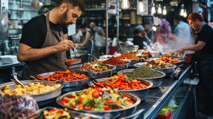 Obraz premium A chef prepares vibrant dishes at a bustling market stall filled with fresh ingredients