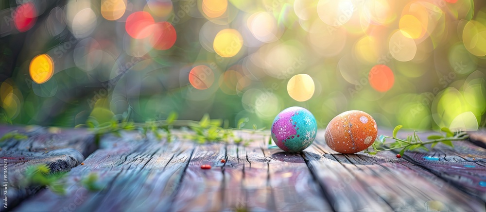 Aufkleber Rustic wooden table with a festive Easter theme featuring colorful bokeh and ample copy space image for adding typography and a logo