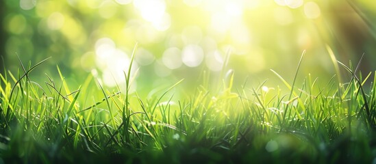 Obraz premium Spring grass in vibrant green hues with sunlight filtering through providing space for text or images amid a softly blurred natural backdrop for banners. Creative banner. Copyspace image