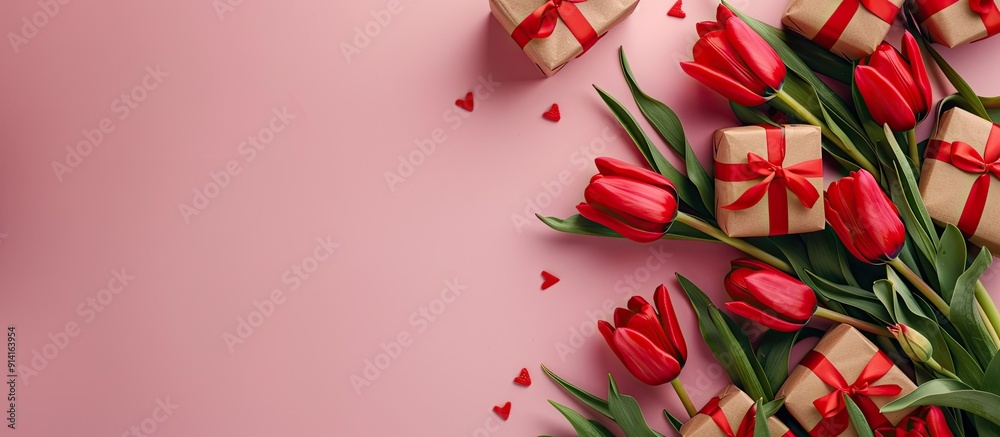 Aufkleber top view of red tulip bouquet with gift boxes on a pink background featuring a central copy space im