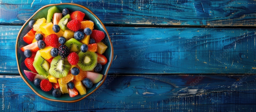 Poster fresh fruit salad on rustic blue wood background for a health conscious active lifestyle ideal for d