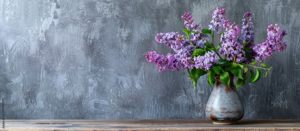 Poster lilac bouquet in a vase on a wooden table against a concrete wall in a copy space image