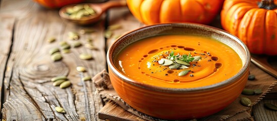 Plate of creamy roasted pumpkin soup with fresh pumpkins and seeds on wooden backdrop presenting a copy space image