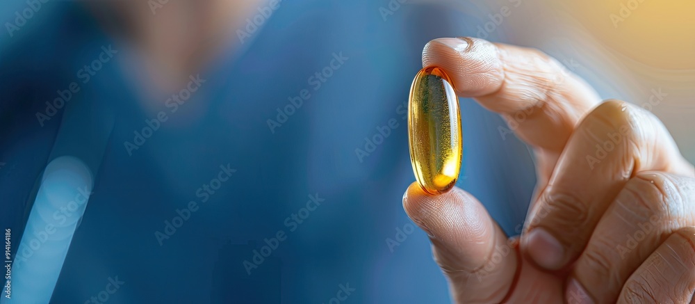 Poster a man displays a fish oil capsule against a blue backdrop showcasing the doctor s advice for enhanci
