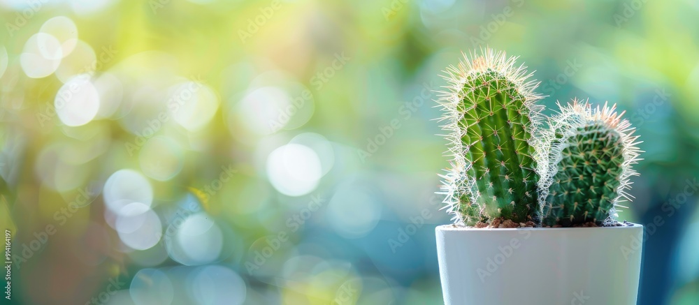 Sticker white potted cactus with blurred backdrop providing copy space image