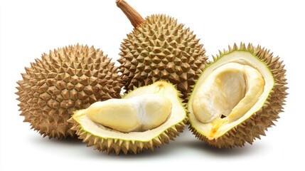 Fototapeta premium A whole durian fruit, with a spiky exterior and a cut revealing its creamy interior, on a white background.
