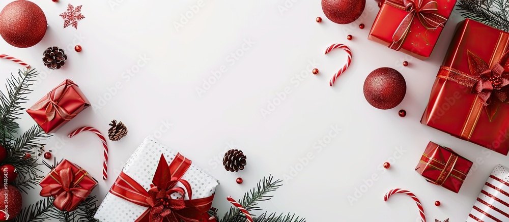 Poster festive christmas arrangement featuring red toys against a white backdrop with holiday gifts present