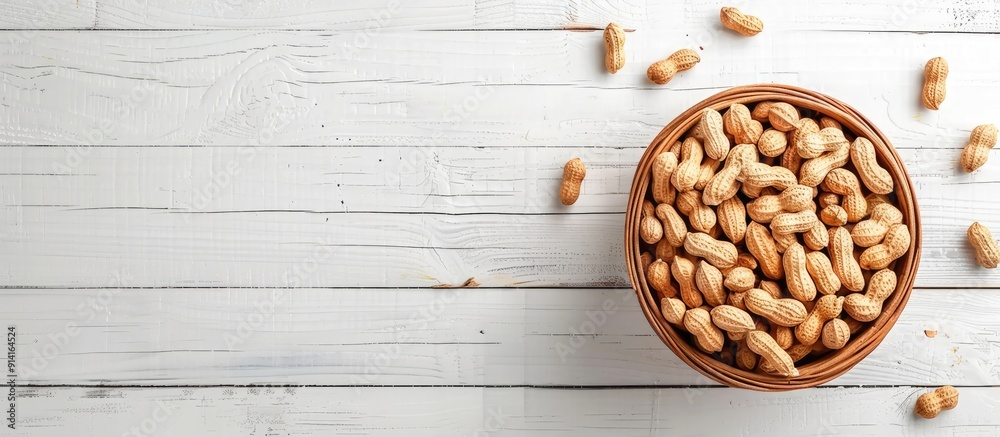 Aufkleber fresh peanuts in a basket on a white wooden table viewed from the top with copy space image