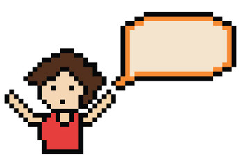 Cute pixel cartoon 8bit character man with chat blank decoration 8 bit male boy say speak discuss idea chat box cartoon pixel game png vector.