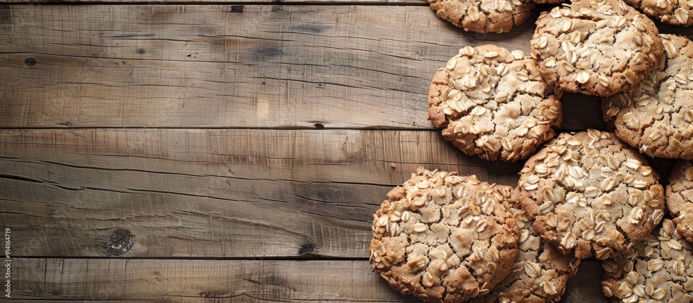 Aufkleber Oat cookies displayed on a rustic wooden table with ample copy space image