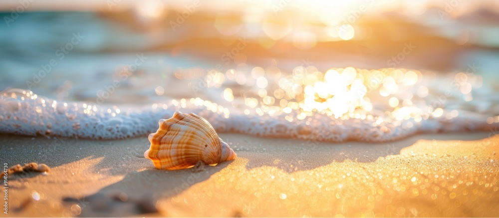 Fototapete seashell on sandy beach with waves and sunlight in background creative set up for text reflects vaca