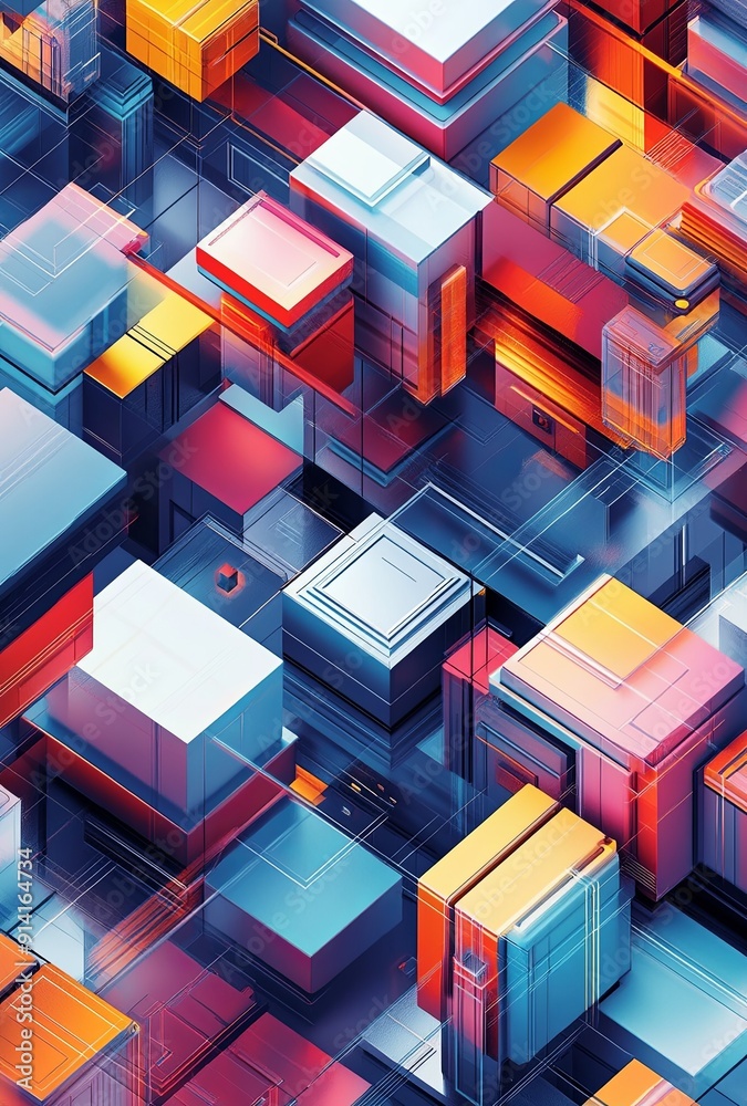 Poster an intricate isometric grid with a mix of cubes and hexagons in different colors, forming a dynamic 