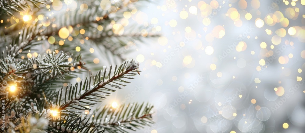 Leinwandbilder new year lights illuminate an artificial fir tree branch on a bright silver bokeh background ideal f