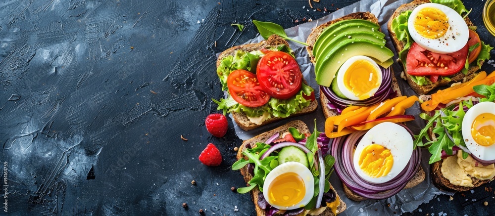 Poster Fresh toast sandwiches with vegetables boiled eggs cheese and avocado arranged on top of a piece of rice paper on a black surface background with copy space image