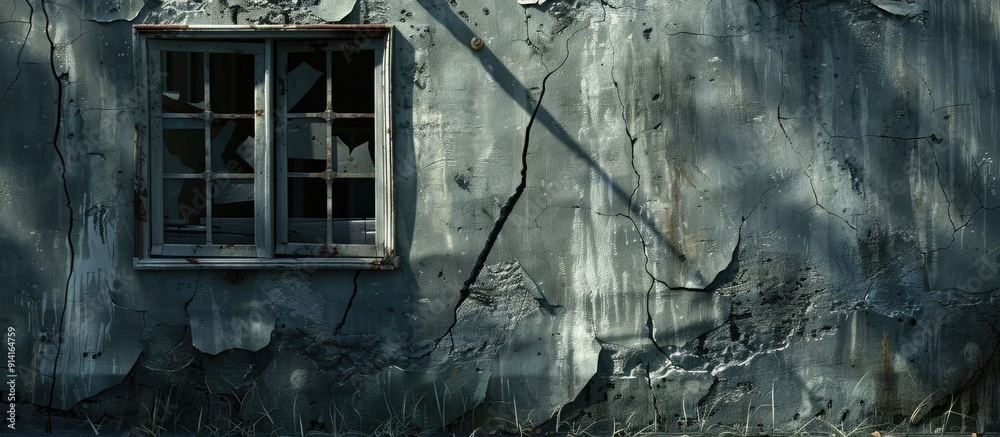 Poster the house s gray wall shows cracks from substandard construction creating a distressed appearance in