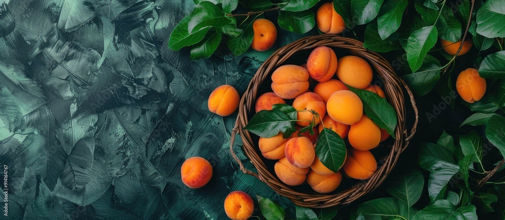 Poster Freshly harvested apricots displayed in a basket arranged in a top view pattern with leaves for a charming copy space image