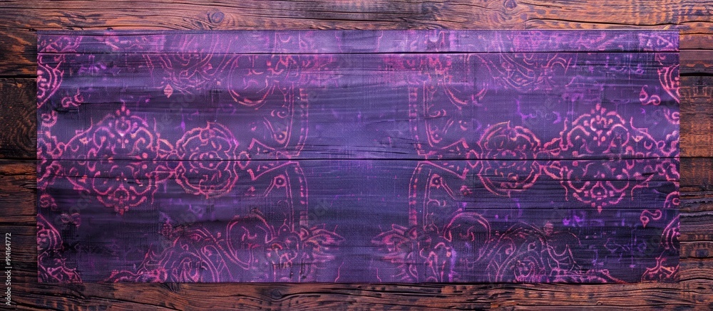 Poster top view of a purple patterned tablecloth on a wooden surface background with space for text or imag