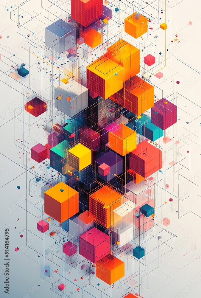 Poster an intricate isometric grid with a mix of cubes and hexagons in different colors, forming a dynamic 